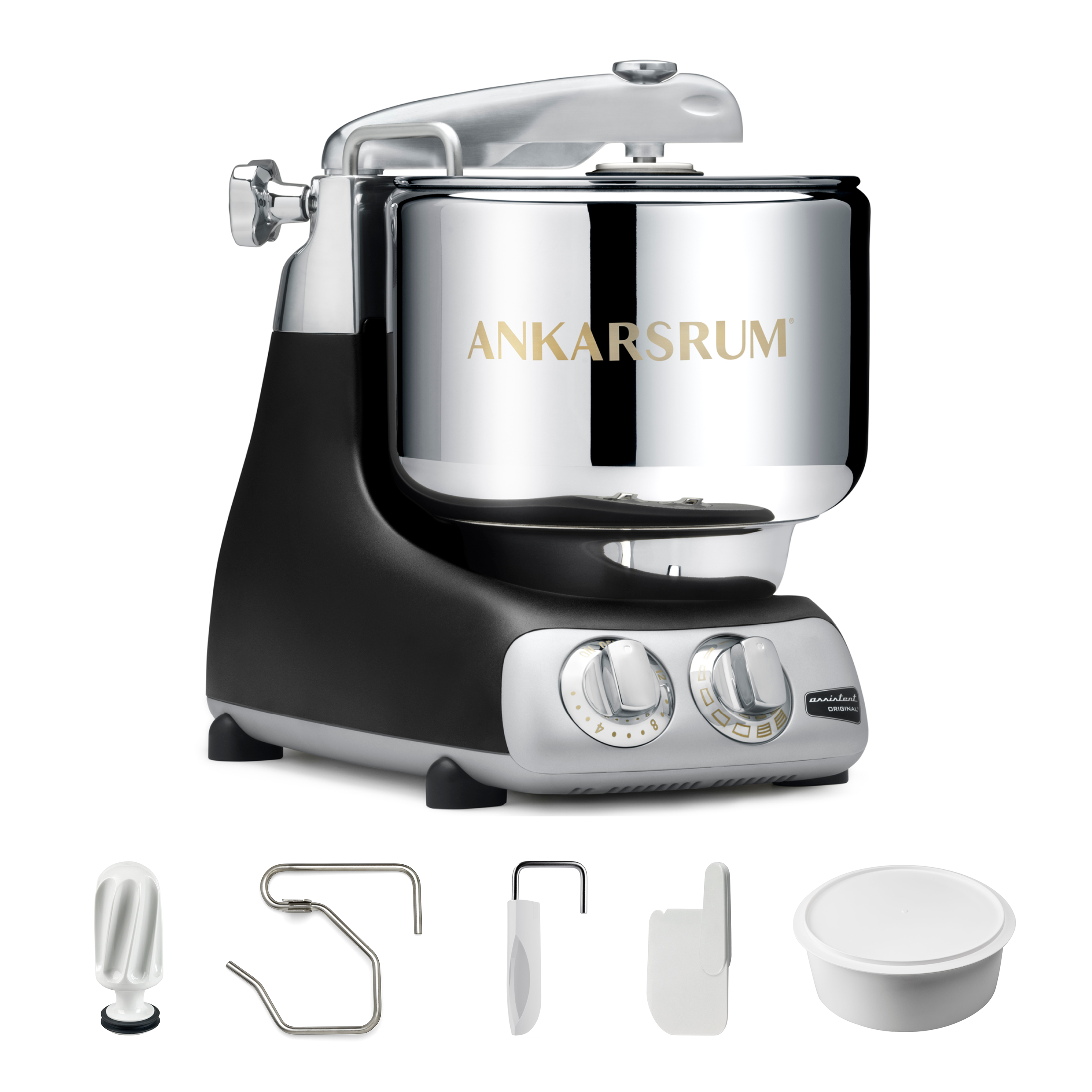 Black Ankarsrum Assistent Original Essential Package with its stainless-steel bowl and included dough tools shown