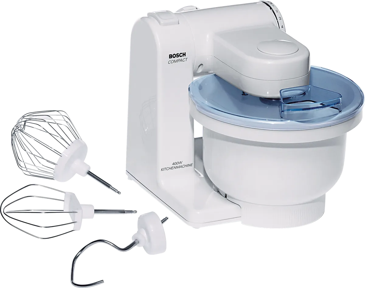 Bosch exact MUM4405UC image shows the white Compact base, blue splash cover, plastic bowl and hook/whisk tools. Bosch does not identify photo versus rendering; seller package may differ.