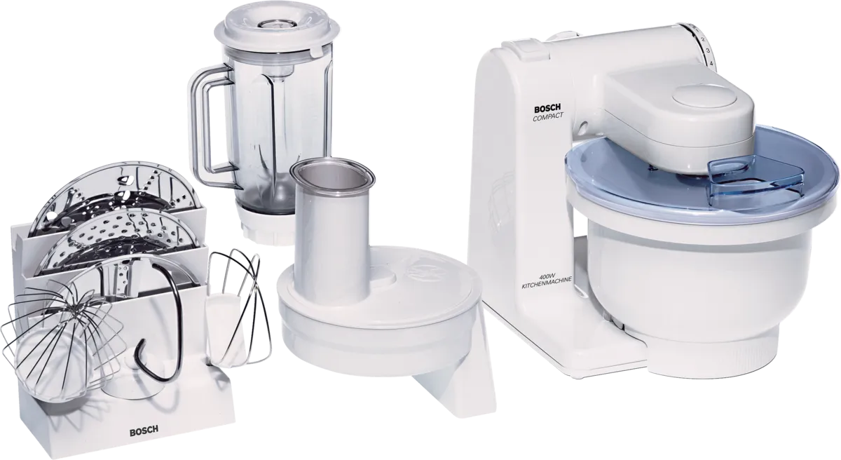 Bosch exact MUM4420UC image shows the Compact mixer with blender and shredder components, consistent with its exact family manual. Photo-versus-render status is undisclosed; listing contents are not inferred from the image.
