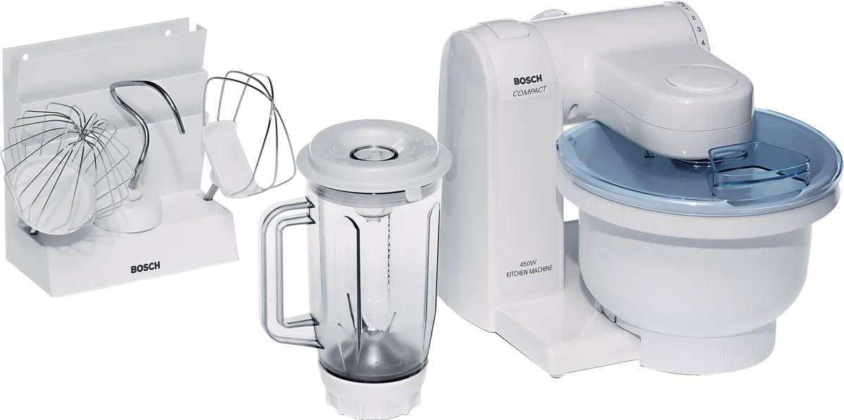 Bosch exact MUM4620UC image shows the Compact mixer with blender and tool holder; the manual lists no shredder for this package. Photo-versus-render status is undisclosed; image composition is not used to add package items.