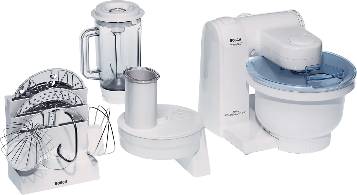 Bosch exact MUM4635UC image shows the Compact mixer, blender and shredder components; the manual independently lists the package. Photo-versus-render status is undisclosed; seller package may differ.