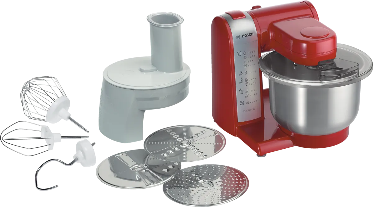 Bosch MUM46R1 model-code image showing a red rising-arm mixer with bowl and preparation attachments; contents are not established by the image