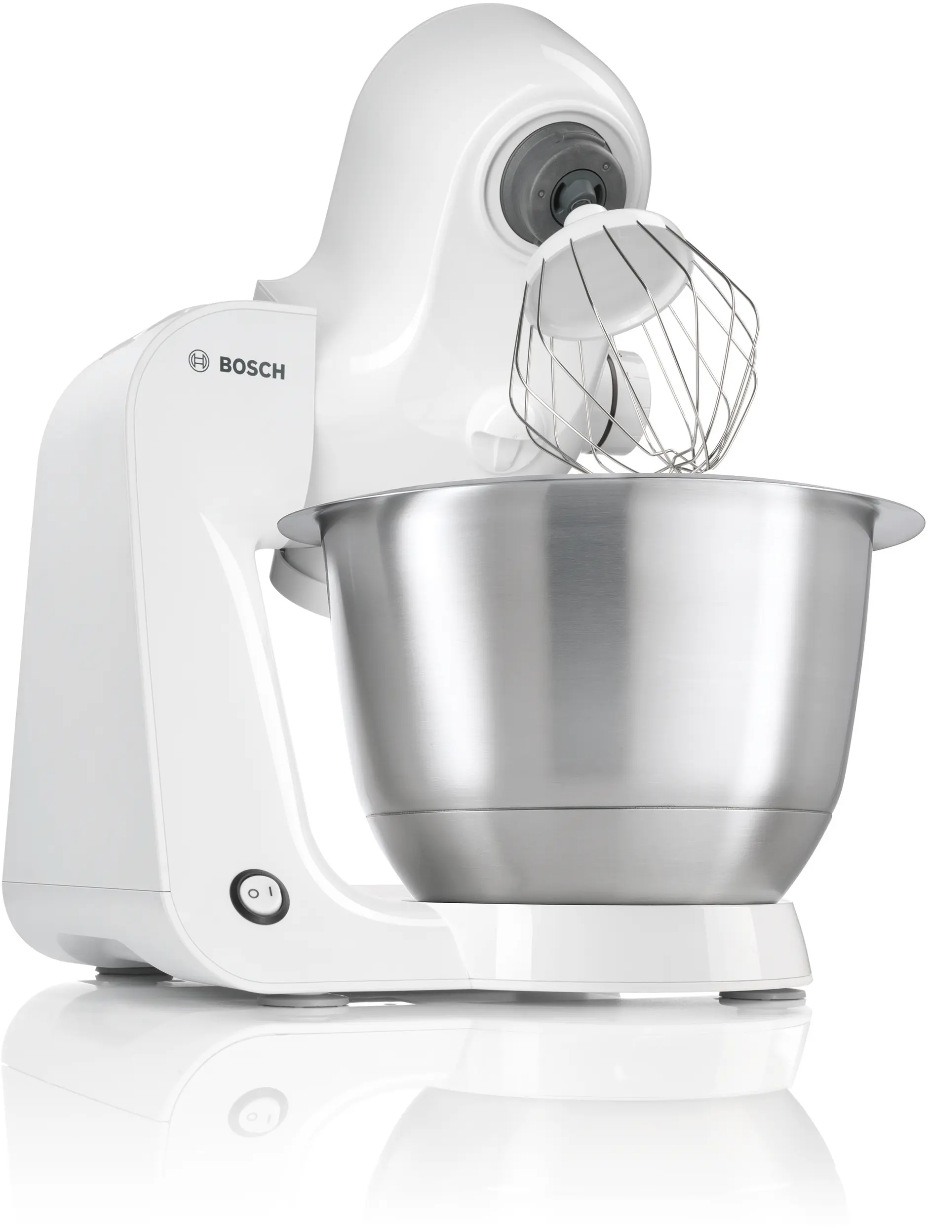 White Bosch MUM51U10UC Styline mixer with stainless-steel bowl and a whisk mounted on its rising arm