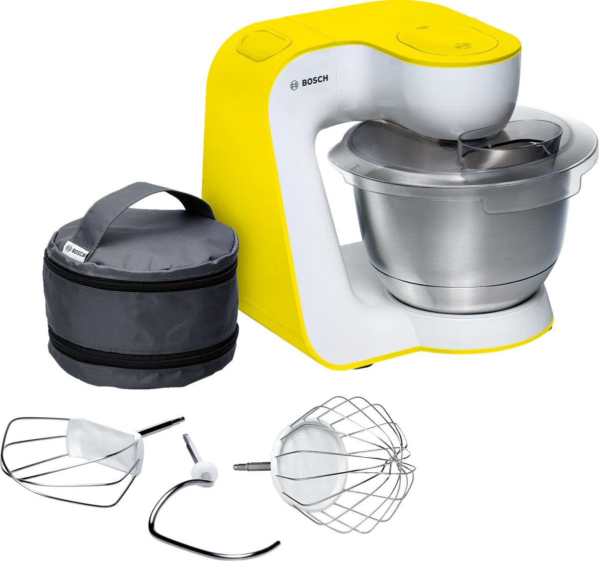 Bosch’s exact MUM54Y00/04-linked image shows the white and yellow MUM5 kitchen machine, stainless bowl and lid, bag and mixing tools; pictured accessories are not a package confirmation.