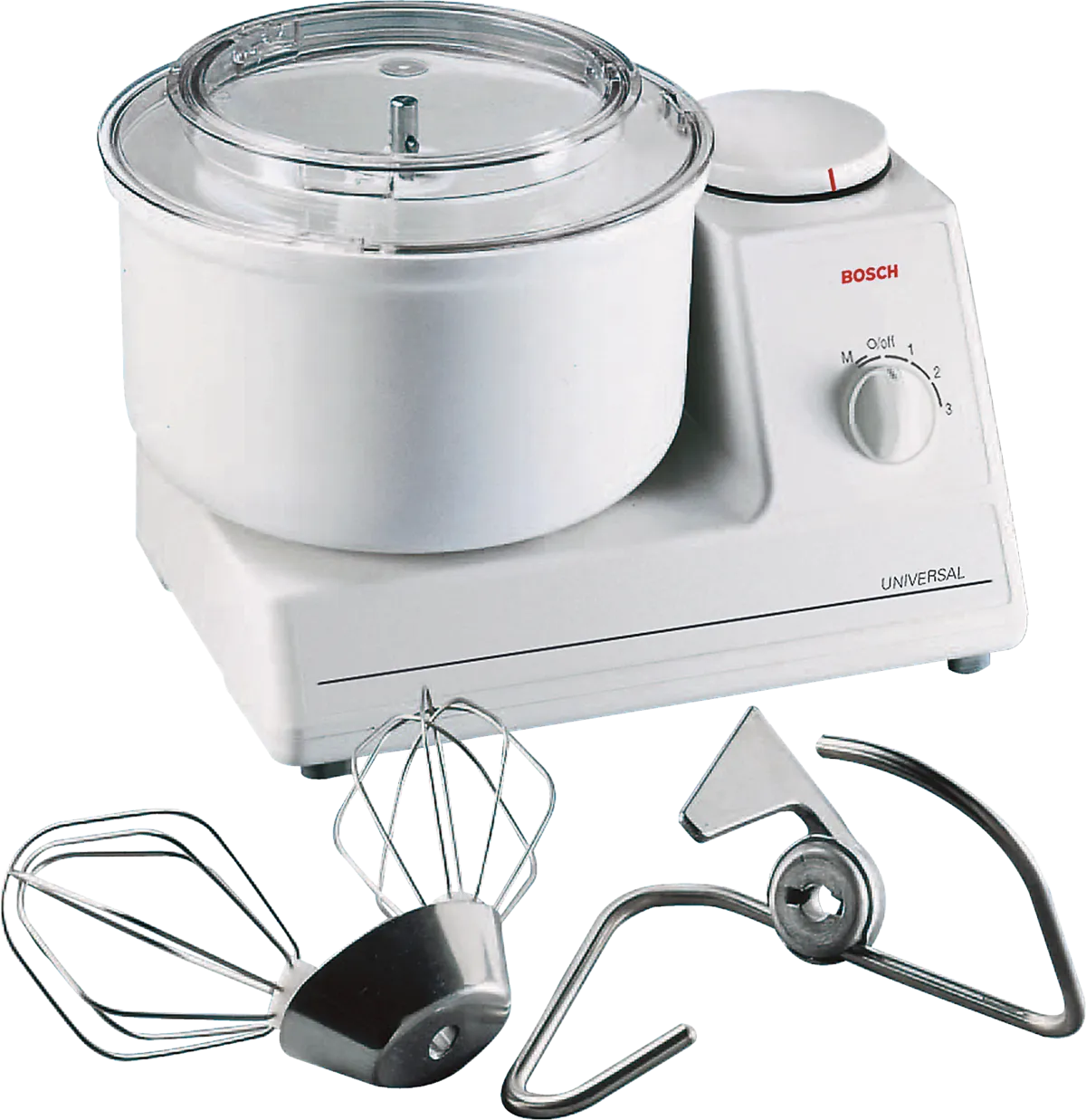Bosch Universal mixer base with covered clear bowl, twin whisk assembly and dough hook; photo or rendering status unspecified.