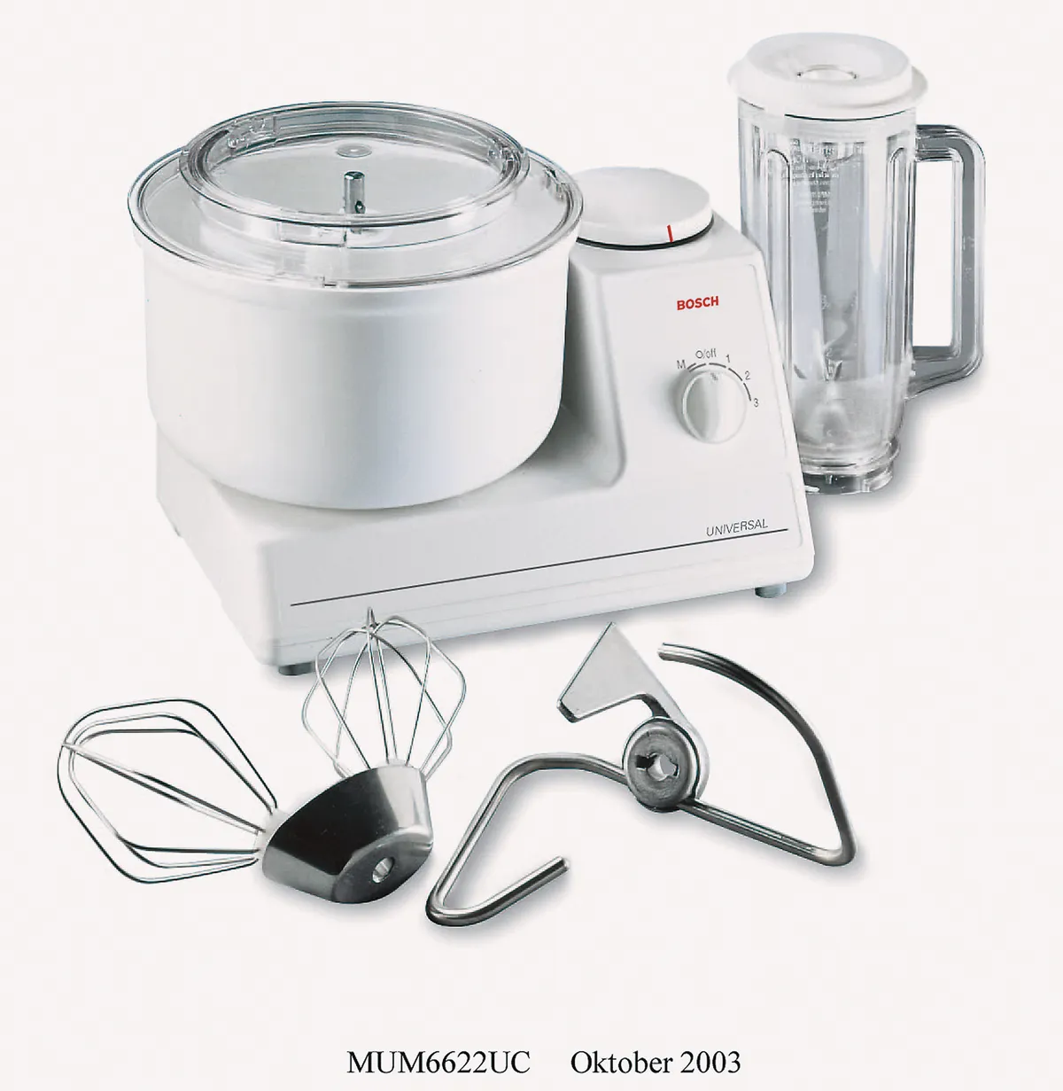 Bosch Universal mixer with bowl and six-cup blender; image includes printed MUM6622UC label; photograph/render status unspecified.