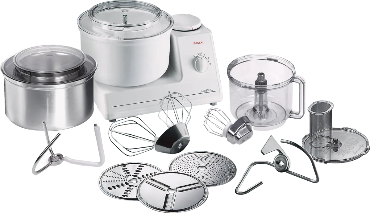 Bosch Universal mixer with covered main bowl, separate steel bowl, slicer/shredder pieces, discs and tools; photo/render status unspecified.