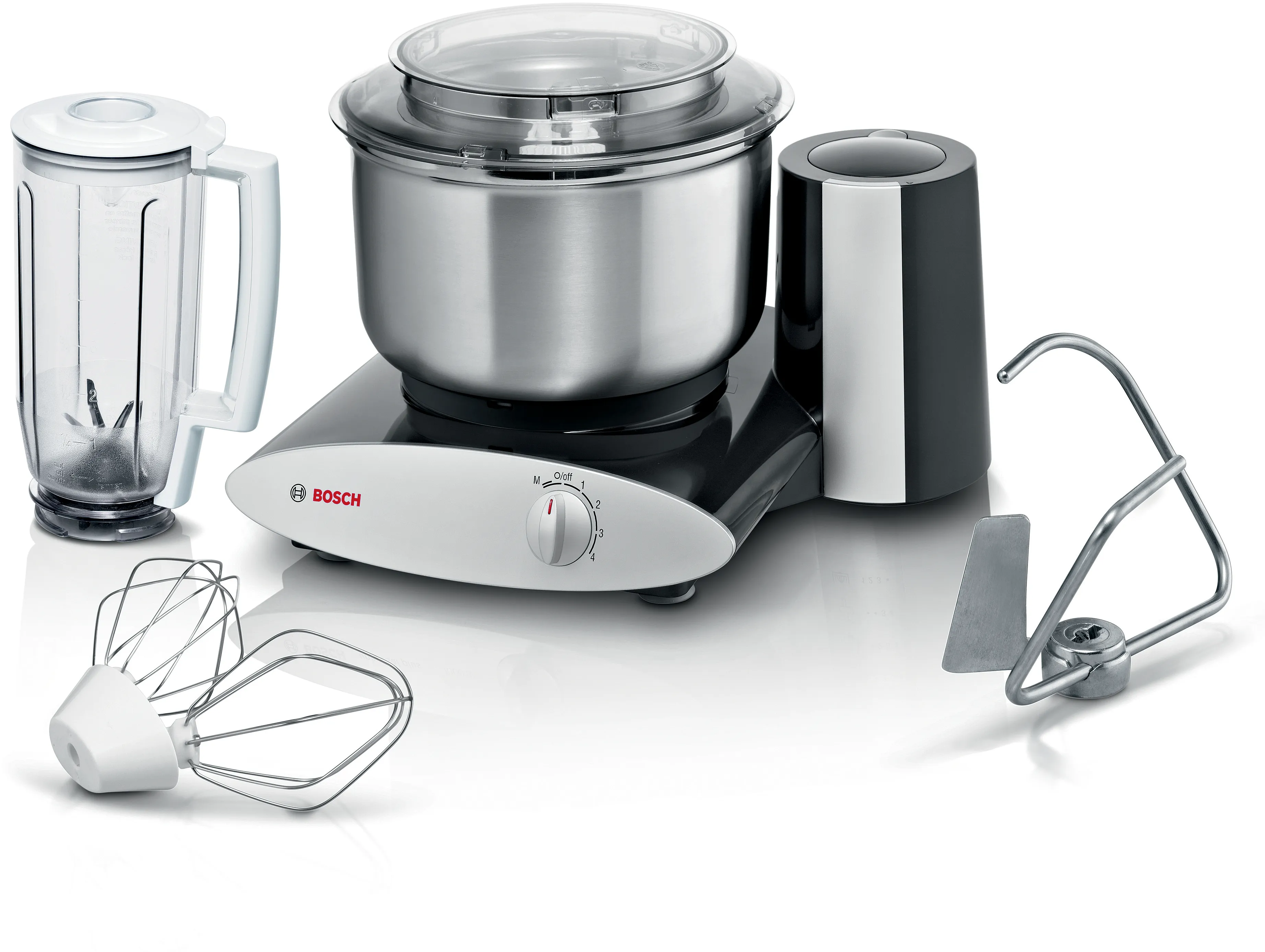 Bosch MUM6N10UG anthracite under-bowl kitchen machine with stainless bowl, whisk, kneading hook and optional attachments pictured nearby