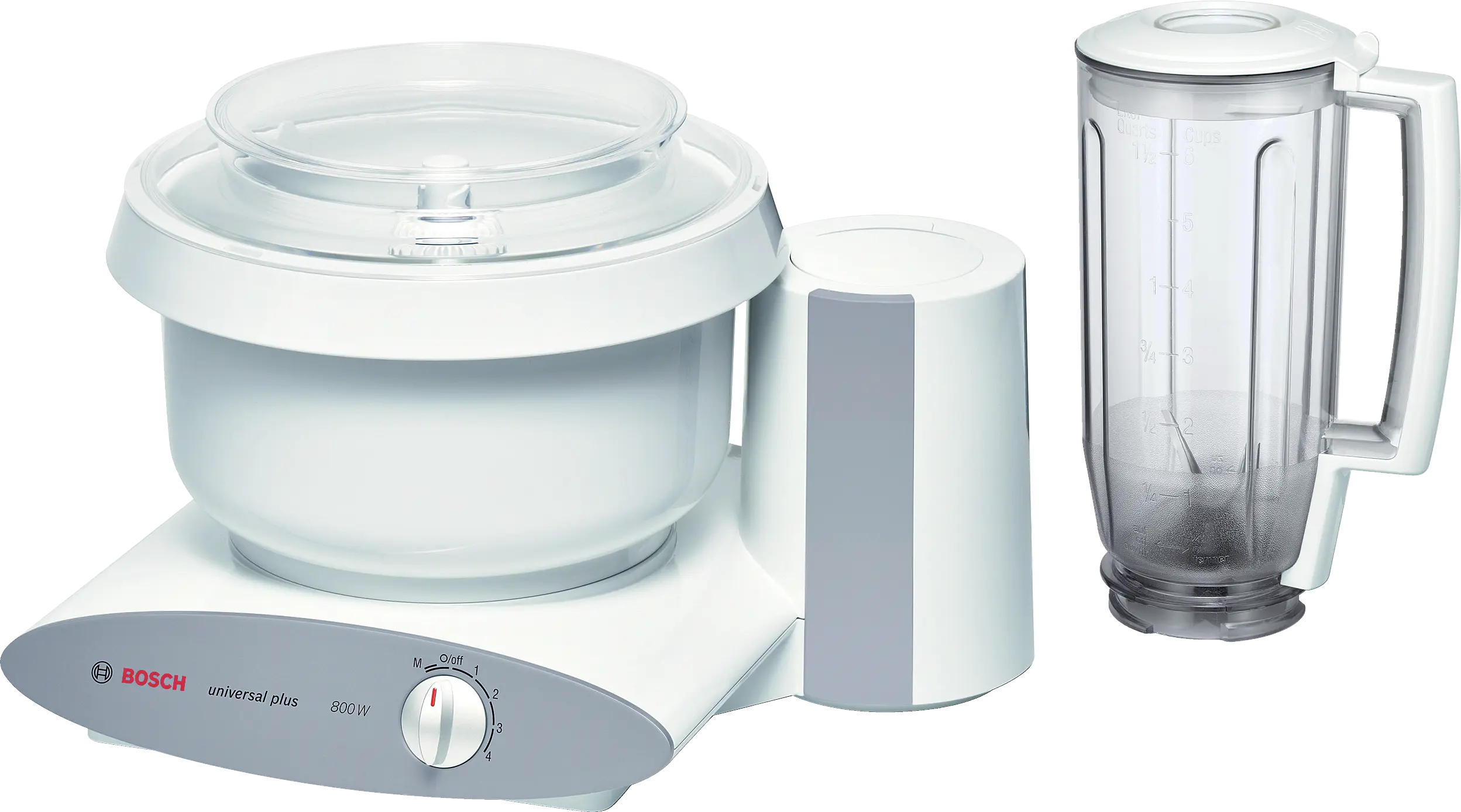 Bosch Universal Plus MUM6N11UC white and gray machine with its bowl and separately pictured blender jar