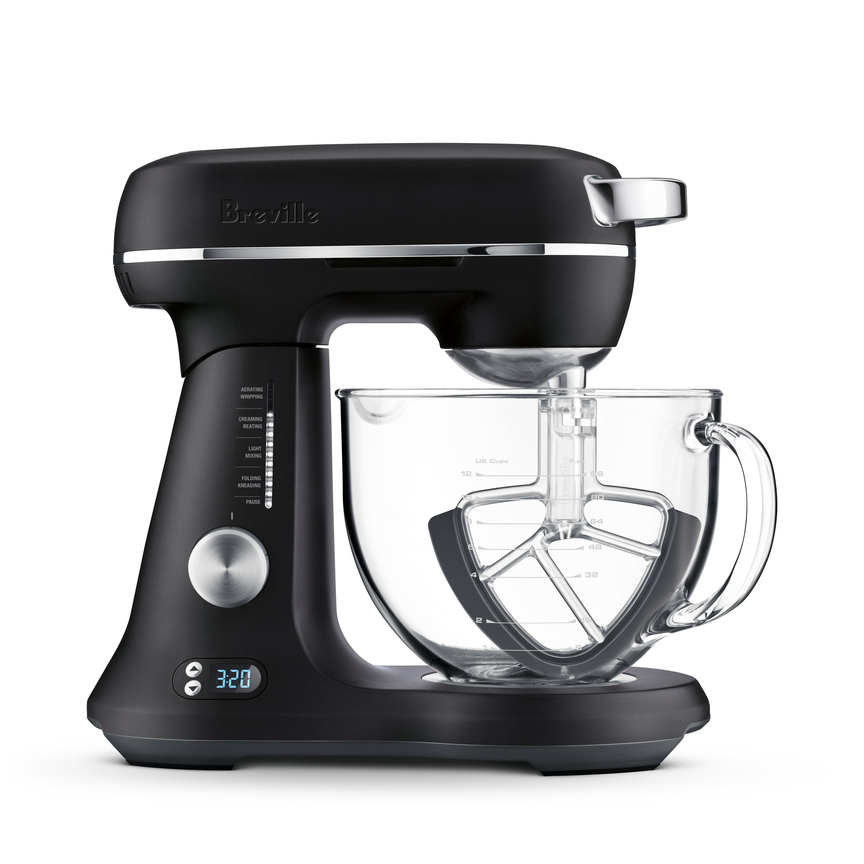 Breville Bakery Chef BEM825 tilt-head mixer in Black Truffle with the five-quart glass bowl and front timer display