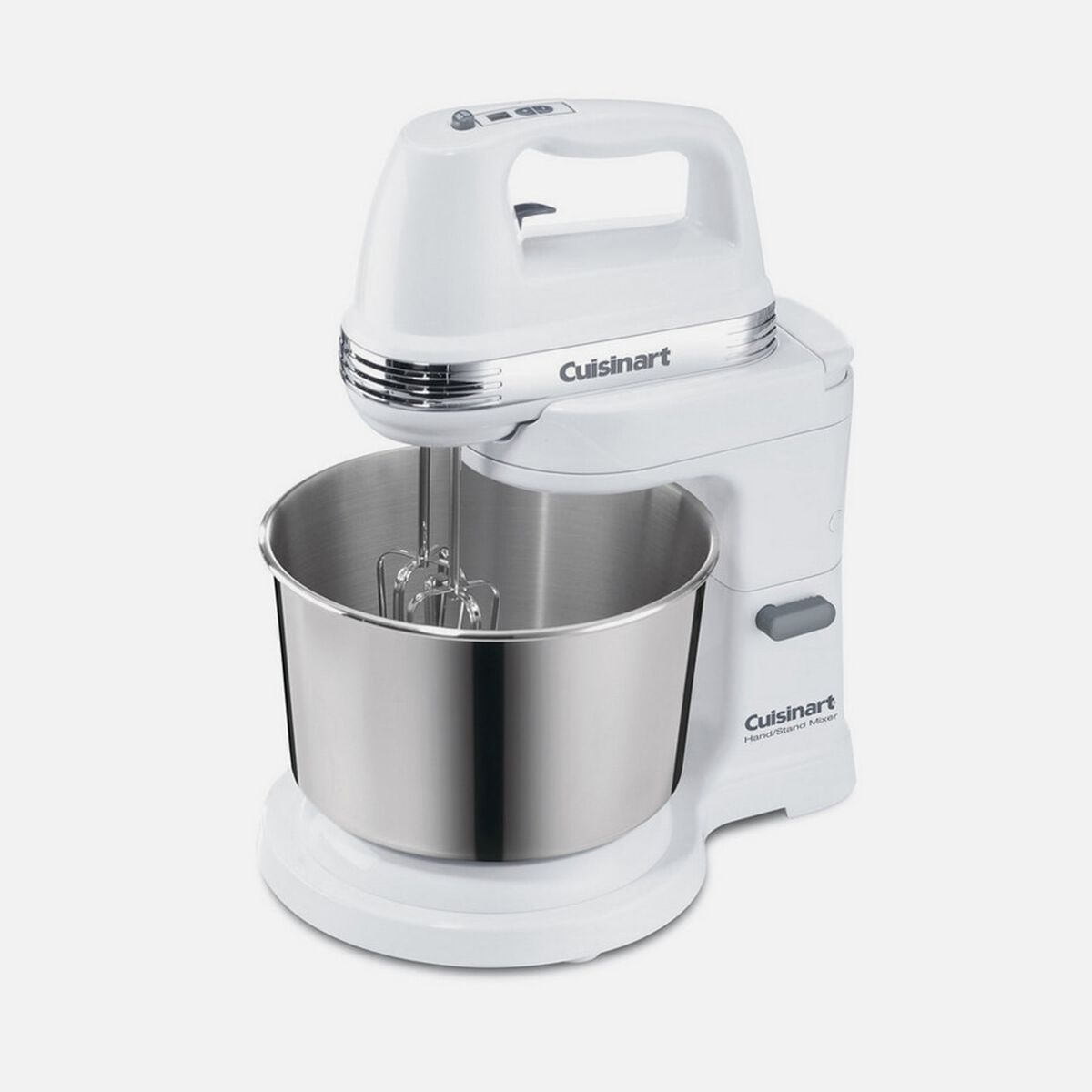 Cuisinart HSM-70 white detachable hand mixer docked above its stainless-steel mixing bowl