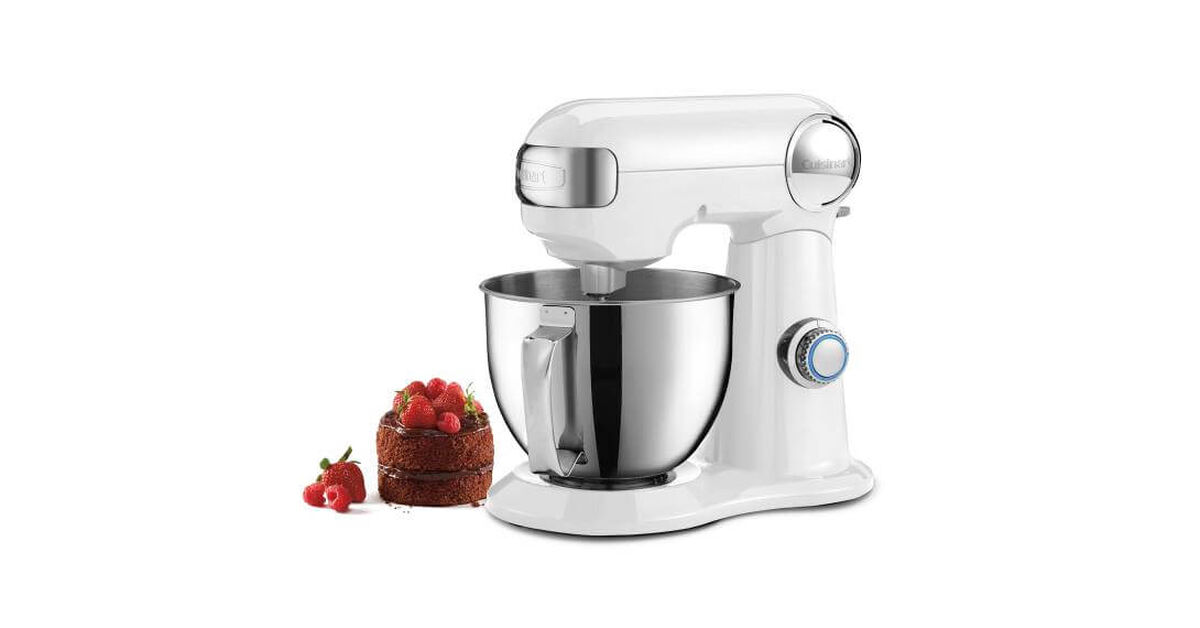 Cuisinart Precision Master SM-35 White Linen tilt-back stand mixer with a handled stainless-steel bowl