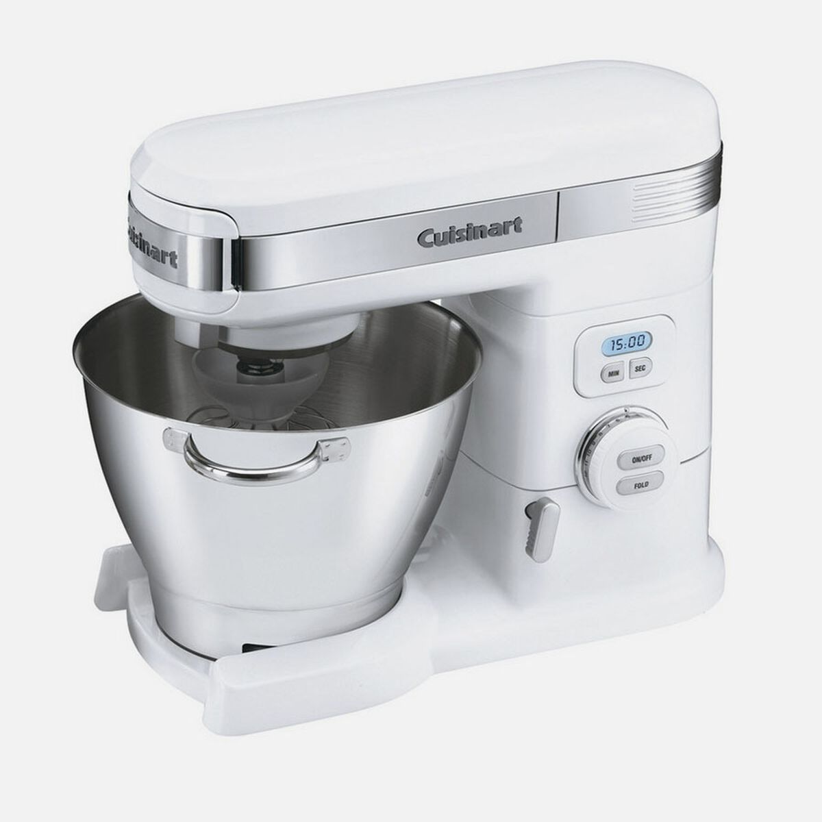 Cuisinart SM-55 white tilt-back stand mixer with a handled stainless bowl, countdown display and Fold control