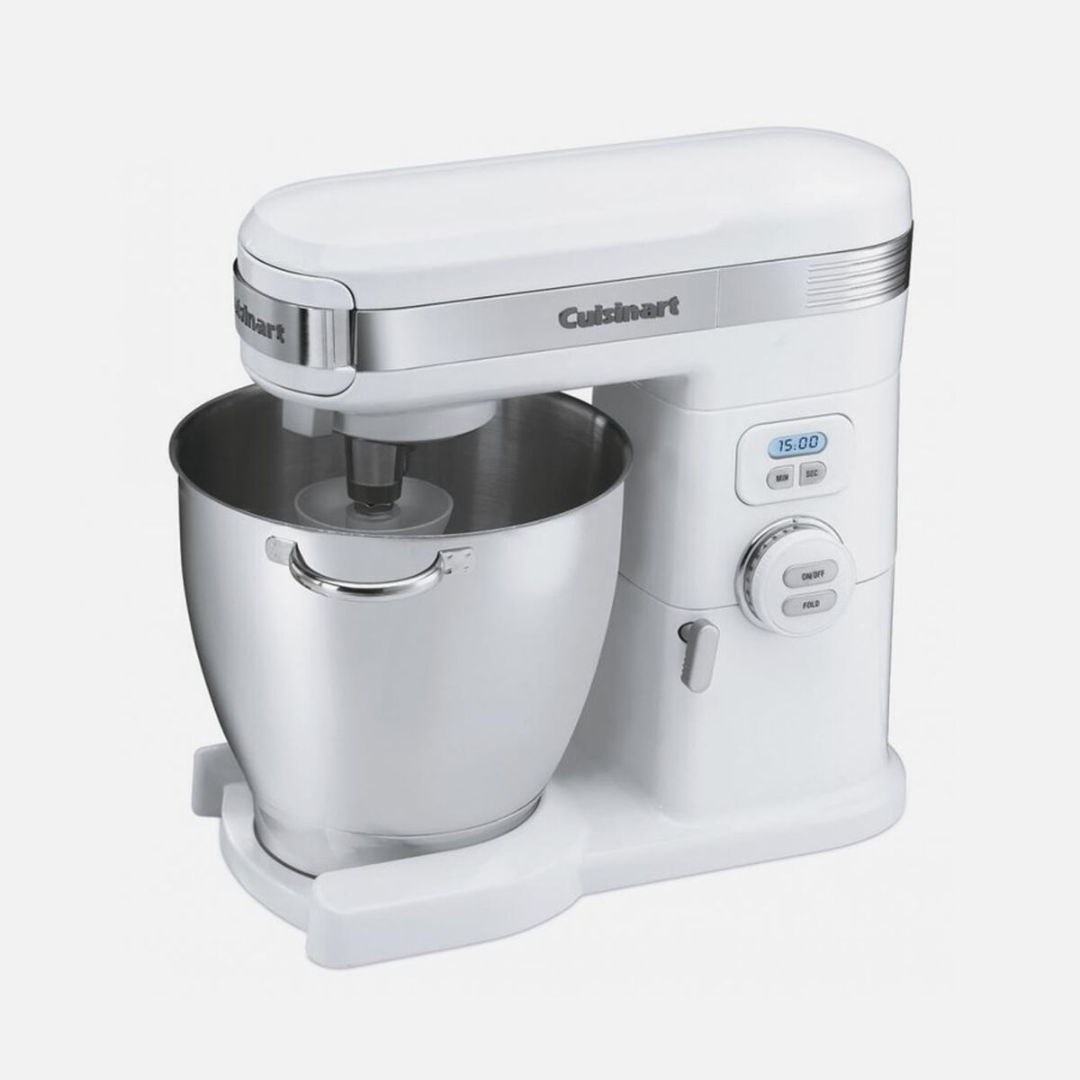 Cuisinart SM-70 white tilt-back stand mixer with a handled stainless bowl, countdown display and Fold control