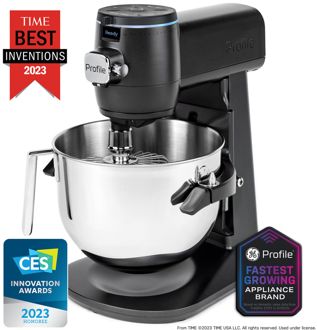 GE Profile P8MSASS6TBB Carbon Black bowl-lift stand mixer with stainless-steel bowl and whisk; manufacturer award graphics are part of the product-page image