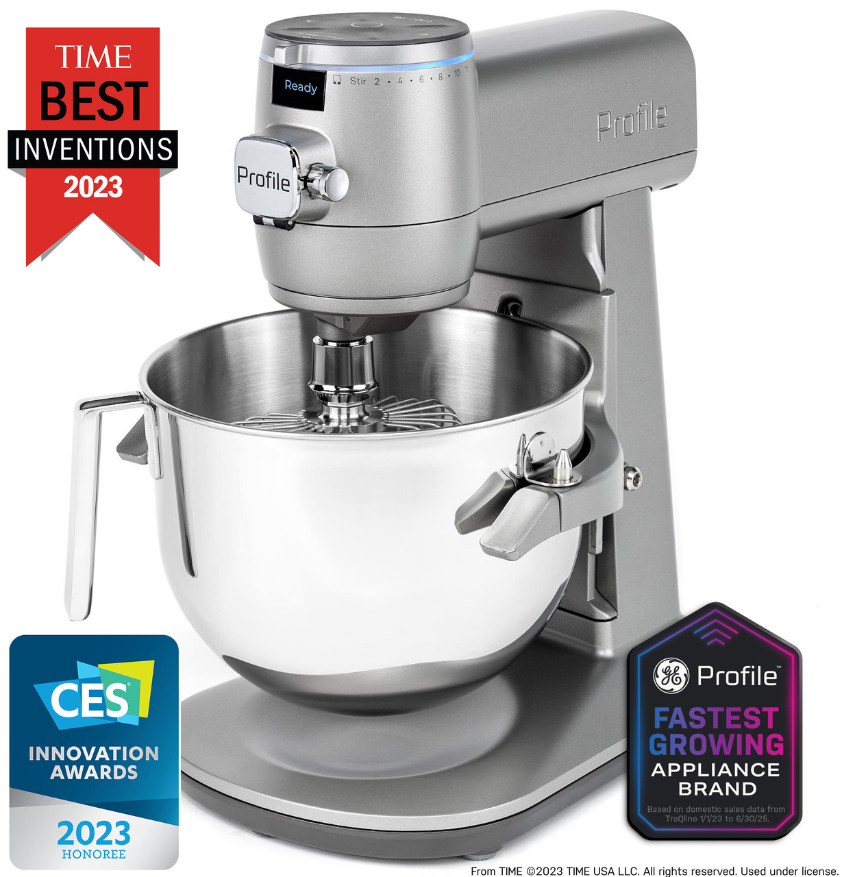 Exact GE Profile Smart Mixer P8MSASS6TGW in Mineral Silver with a stainless-steel bowl; manufacturer award graphics are embedded in the image