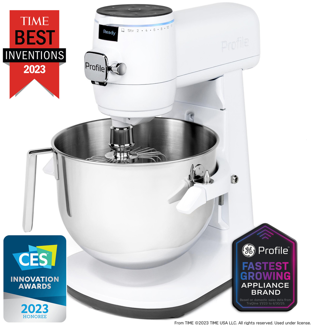 Exact GE Profile Smart Mixer P8MSASS6TOW in Stone White with a stainless-steel bowl; manufacturer award graphics are embedded in the image