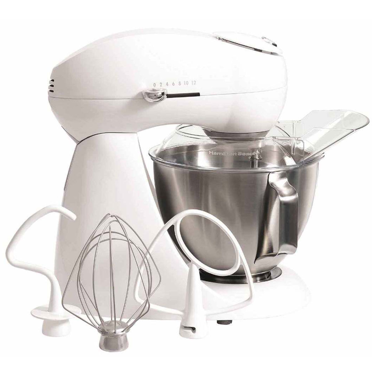 Hamilton Beach Eclectrics 63221 Sugar White tilt-head mixer with handled stainless bowl, clear shield and three tools