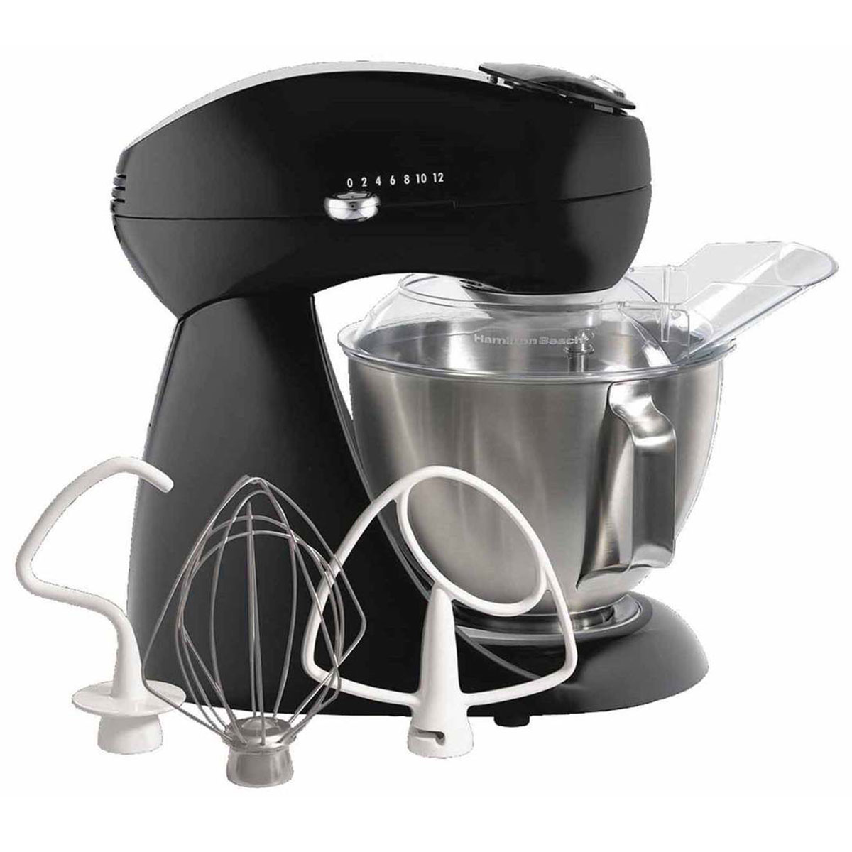 Black Hamilton Beach 63227N all-metal tilt-head mixer with handled stainless bowl, clear shield and three tools
