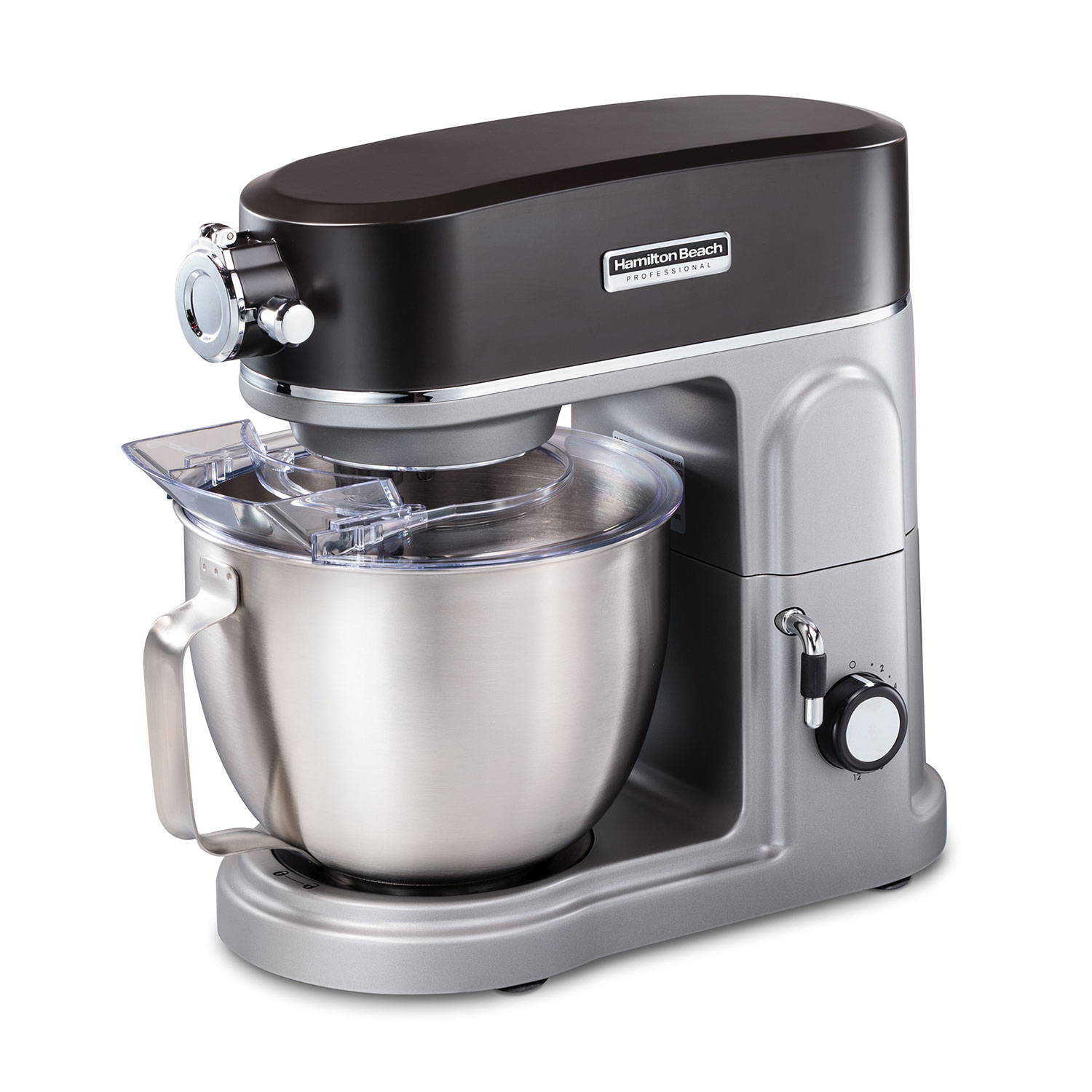 Hamilton Beach Professional 63240 stand mixer with stainless bowl, pouring shield and front attachment hub