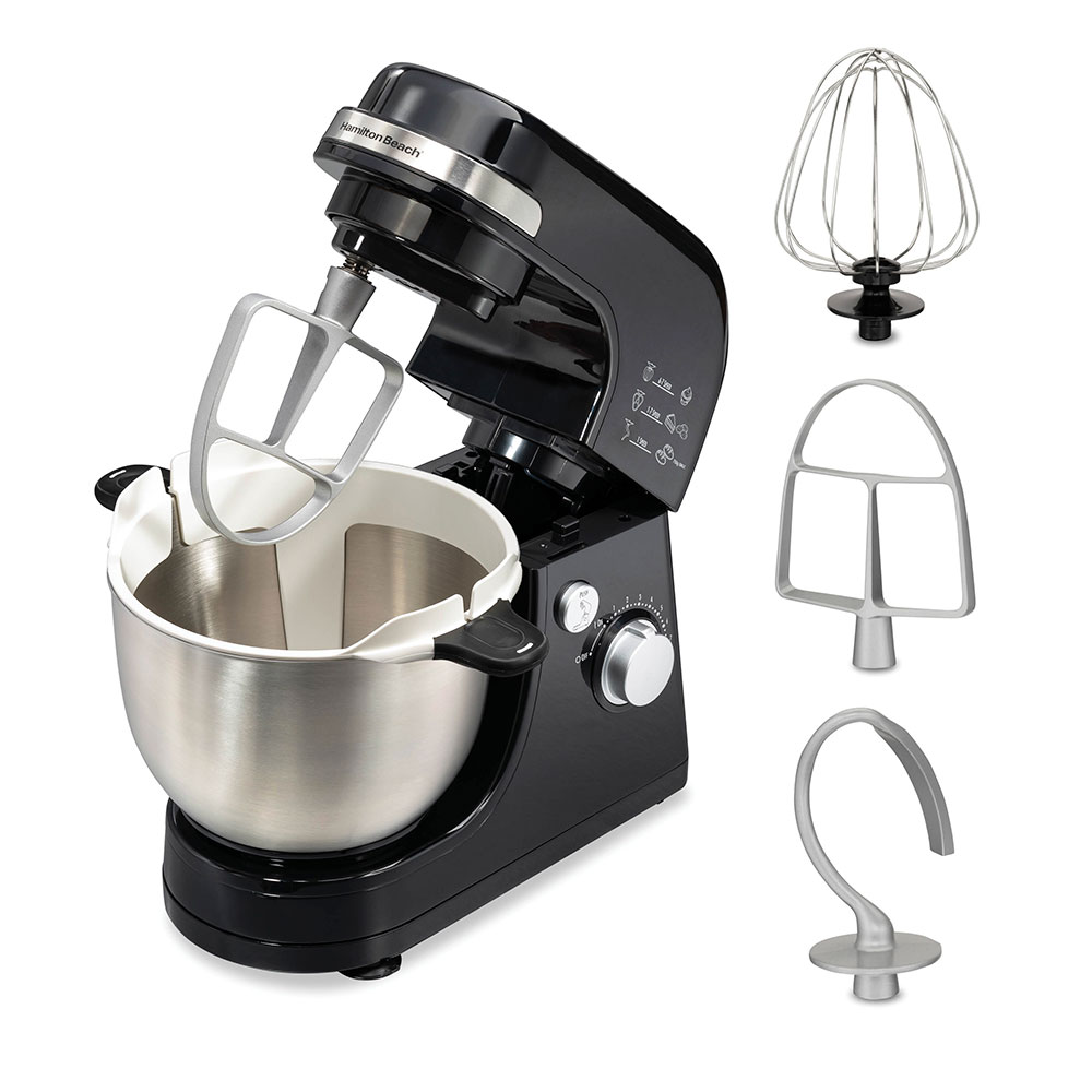 Black Hamilton Beach 63380 seven-speed tilt-head stand mixer with stainless bowl and movable scraper; flat beater, whisk and dough hook shown beside it