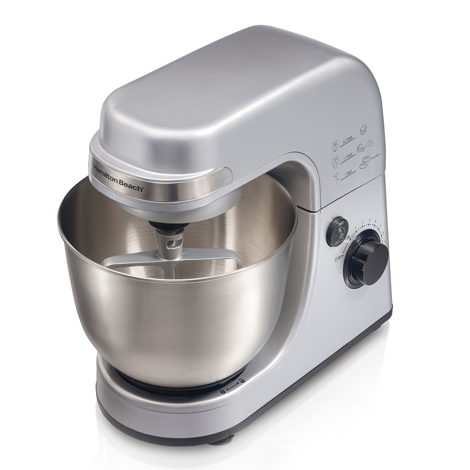 Silver Hamilton Beach 63385 stand mixer with stainless-steel bowl