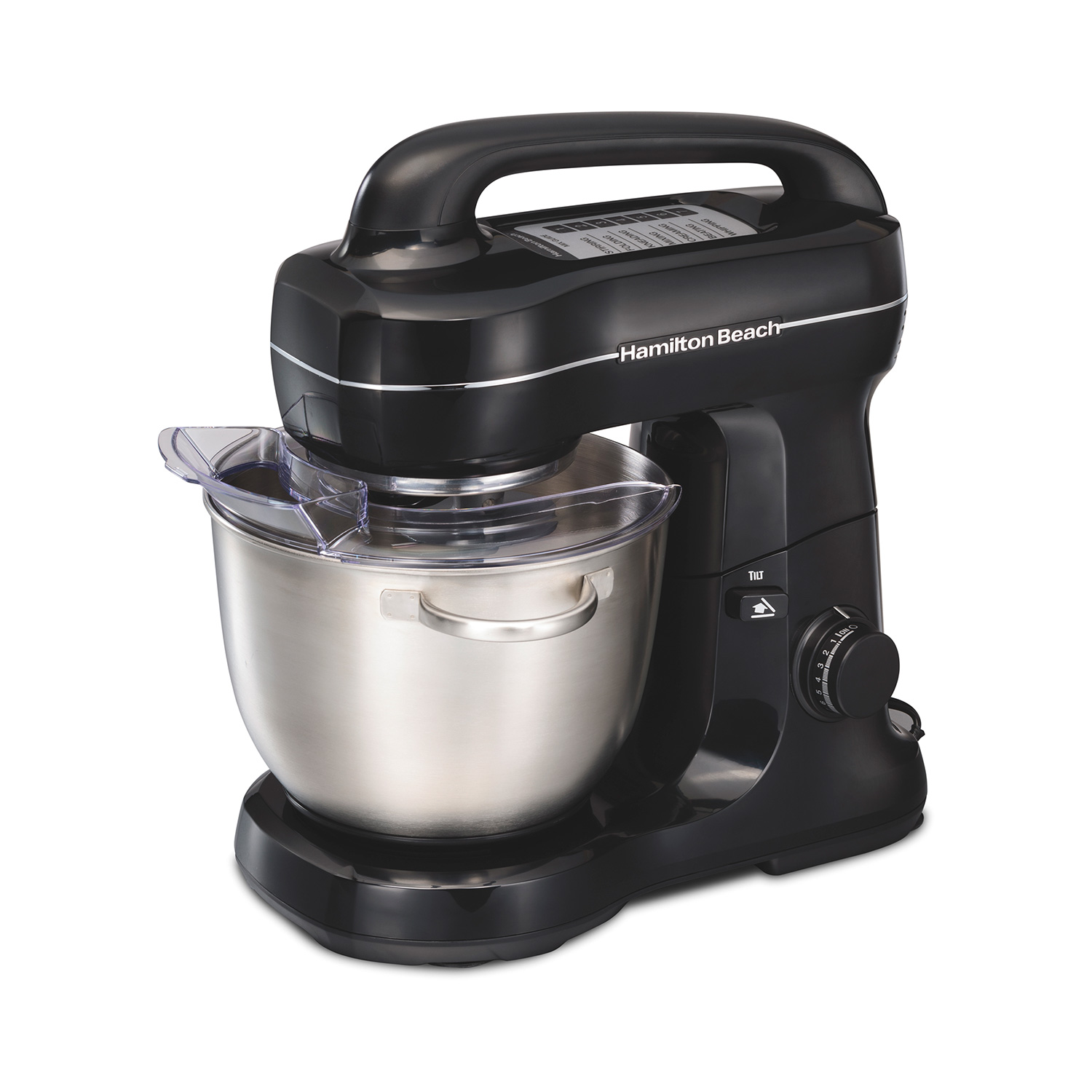 Hamilton Beach 63391 7-speed tilt-head mixer with a top handle, four-quart stainless-steel bowl and removable splatter shield