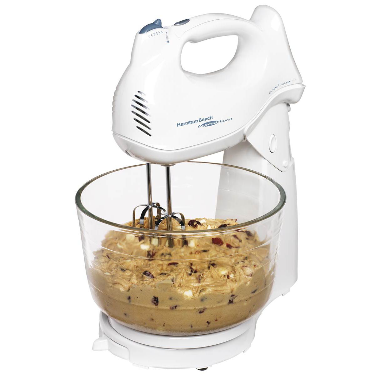 White Hamilton Beach hand/stand mixer with a clear glass bowl, image linked on model 64695G page