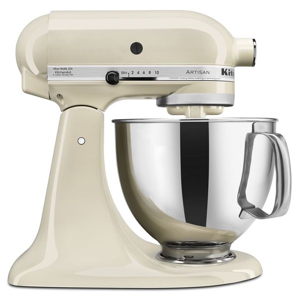 KitchenAid KSM150PSAC Artisan tilt-head mixer in Almond Cream with a handled stainless-steel bowl