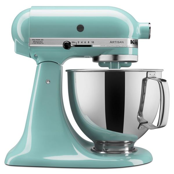 KitchenAid KSM150PSAQ Artisan tilt-head mixer in Aqua Sky with a handled stainless-steel bowl
