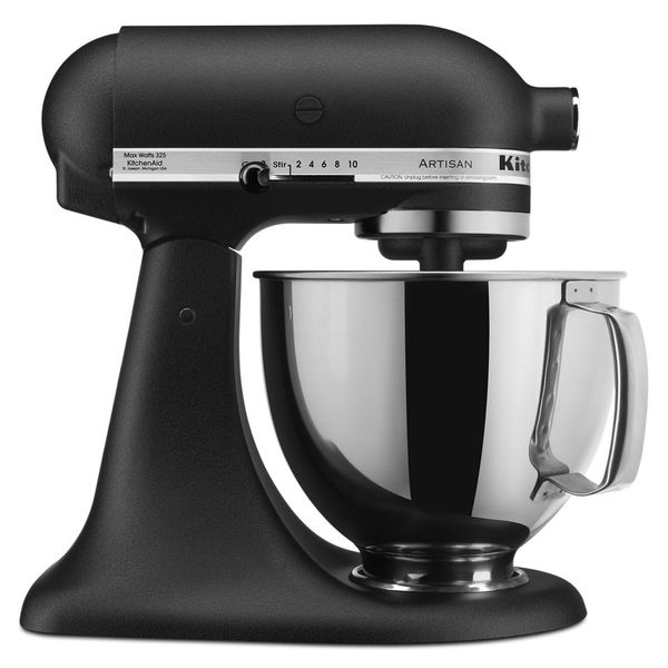 KitchenAid KSM150PSBK Artisan tilt-head mixer in Cast Iron Black with a handled stainless-steel bowl