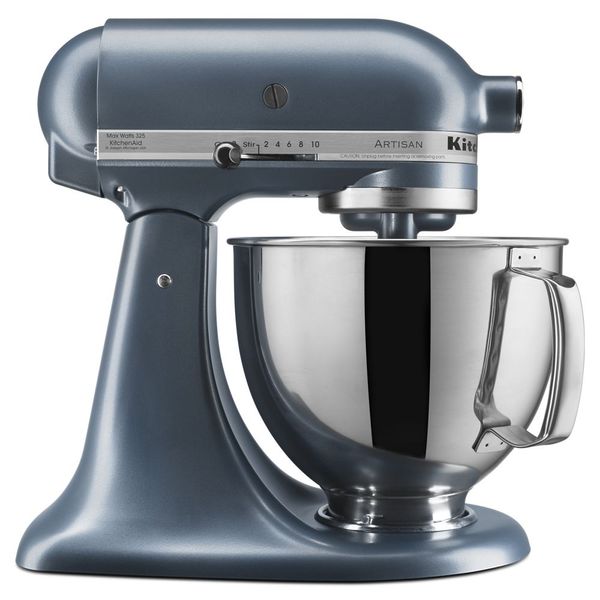 KitchenAid KSM150PSBS Artisan tilt-head mixer in Blue Steel with a handled stainless-steel bowl