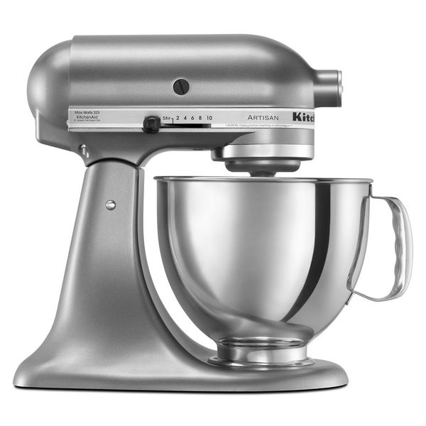 KitchenAid KSM150PSCU Artisan tilt-head mixer in Contour Silver with a handled stainless-steel bowl