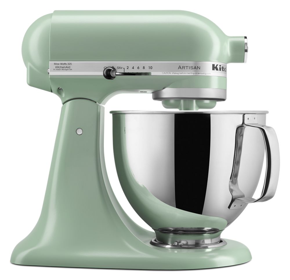 KitchenAid KSM150PSDC Artisan tilt-head mixer in Cardamom with a handled stainless-steel bowl