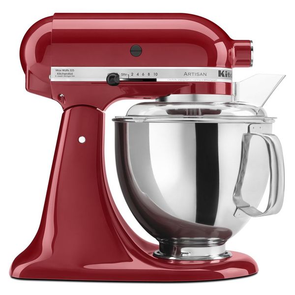 KitchenAid KSM150PSER Artisan tilt-head mixer in Empire Red with a handled stainless-steel bowl