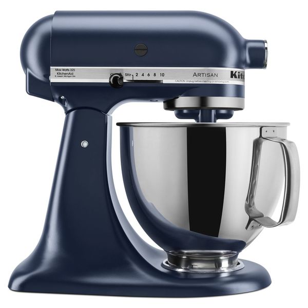 KitchenAid KSM150PSIB Artisan tilt-head mixer in Ink Blue with a handled stainless-steel bowl