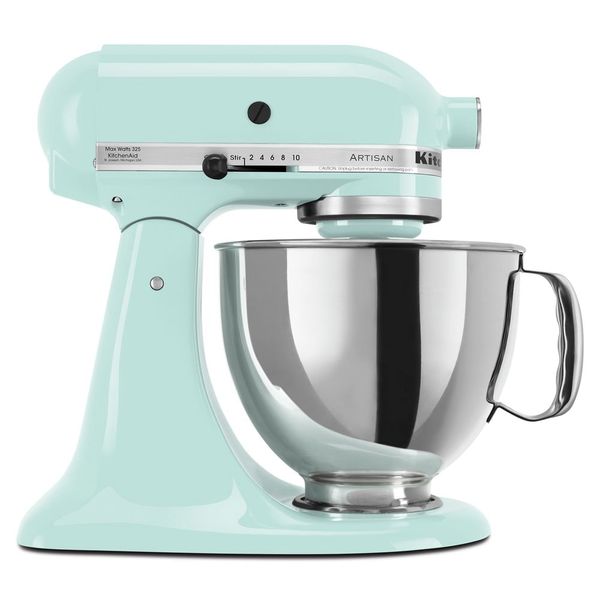 KitchenAid KSM150PSIC Artisan tilt-head mixer in Ice with a handled stainless-steel bowl