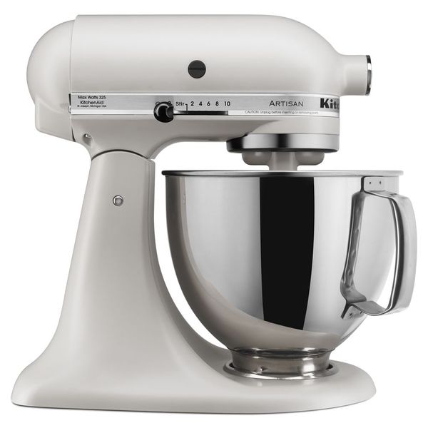 KitchenAid KSM150PSMH Artisan tilt-head mixer in the Milkshake finish with a handled stainless-steel bowl