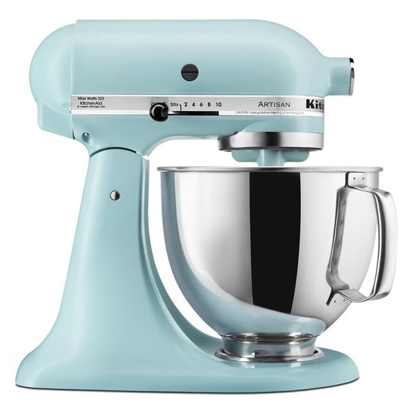 KitchenAid KSM150PSMI Artisan tilt-head mixer in Mineral Water Blue with a handled stainless-steel bowl