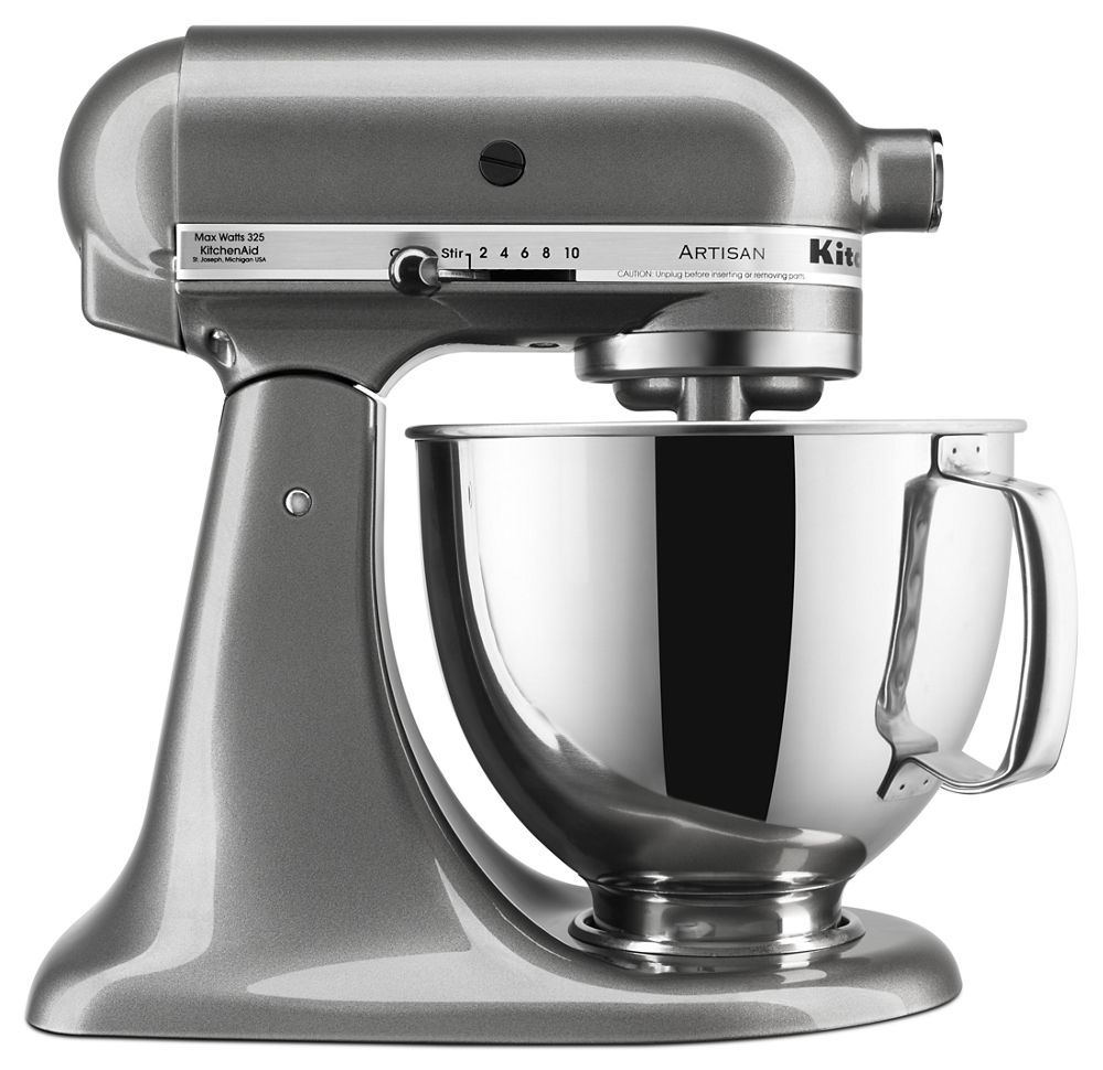 KitchenAid KSM150PSMS Artisan tilt-head mixer in Medallion Silver with a handled stainless-steel bowl