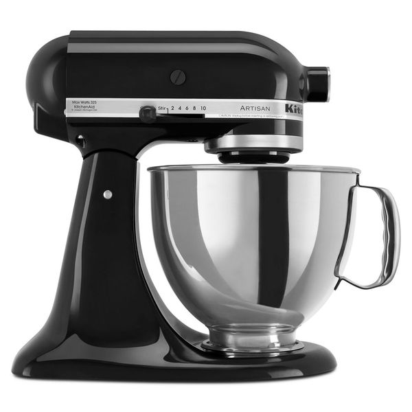 KitchenAid KSM150PSOB Artisan tilt-head mixer in Onyx Black with a handled stainless-steel bowl