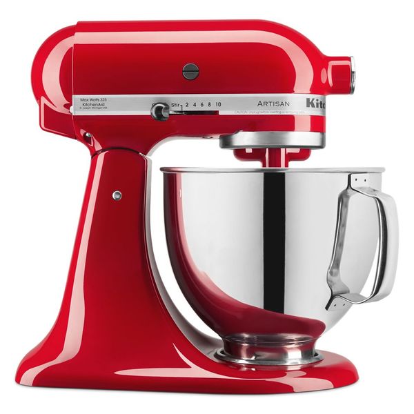 KitchenAid KSM150PSPA Artisan tilt-head mixer in Cherry Tomato with a handled stainless-steel bowl