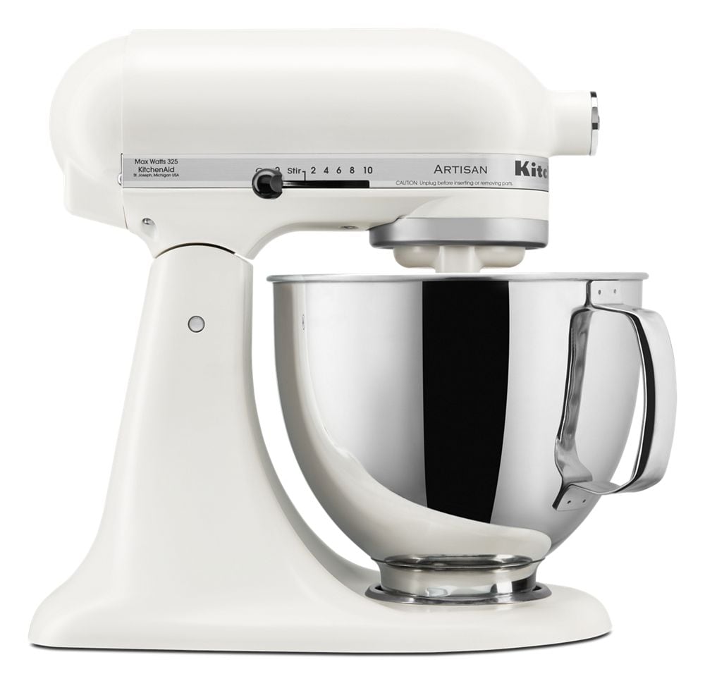 KitchenAid KSM150PSPL Artisan tilt-head mixer in Porcelain White with a handled stainless-steel bowl