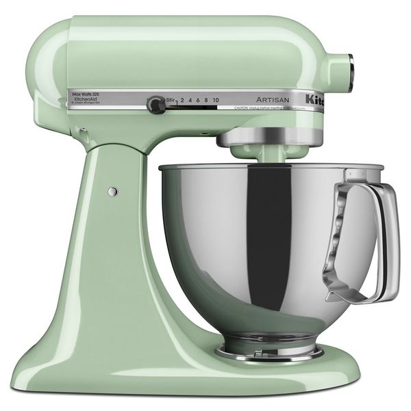 KitchenAid KSM150PSPT Artisan tilt-head mixer in Pistachio with a handled stainless-steel bowl