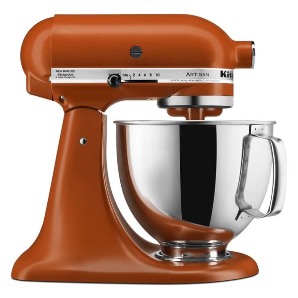 KitchenAid KSM150PSSC Artisan tilt-head mixer in Scorched Orange with a handled stainless-steel bowl