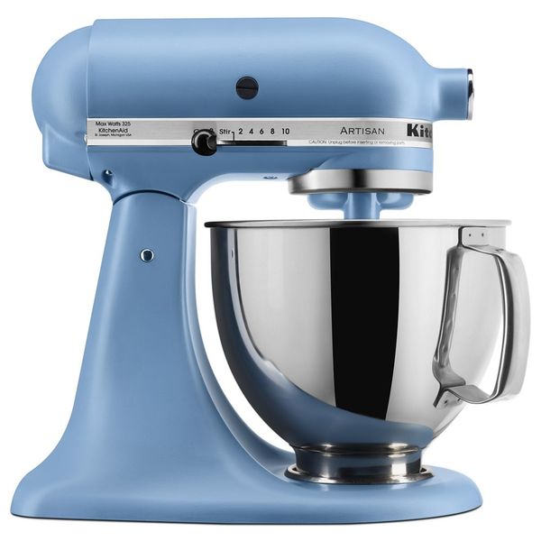 KitchenAid KSM150PSVB Artisan tilt-head mixer in Blue Velvet with a handled stainless-steel bowl