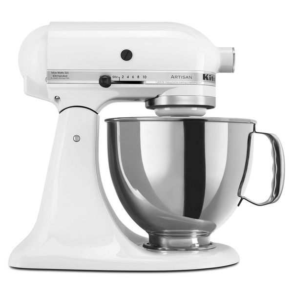 KitchenAid KSM150PSWH Artisan tilt-head mixer in White with a handled stainless-steel bowl