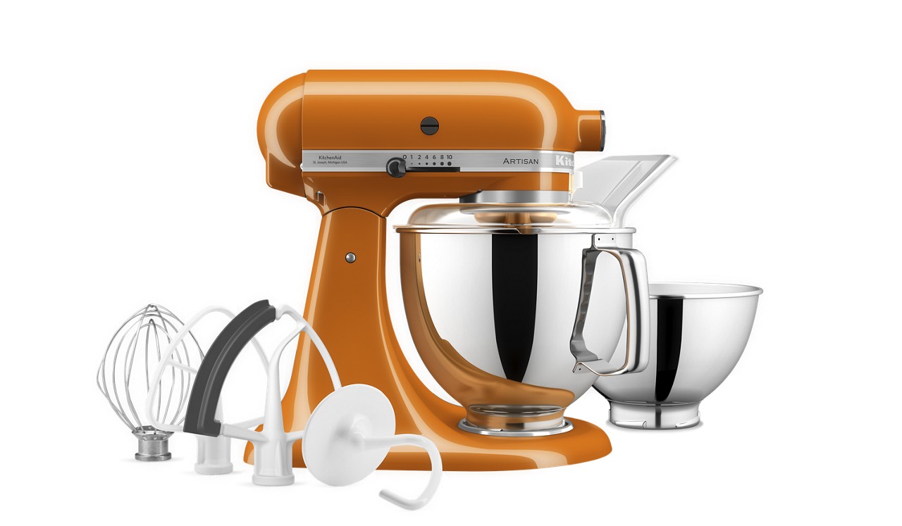KitchenAid exact KSM175PSHY Honey listing image; both bowls and tools shown.