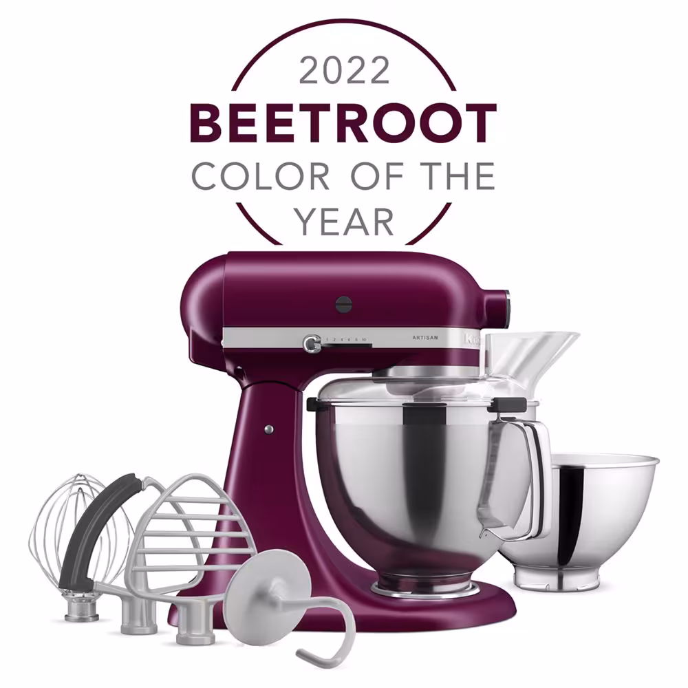 KitchenAid 2022 Beetroot Color of the Year tilt-head stand mixer with stainless bowls, pouring shield and included tools