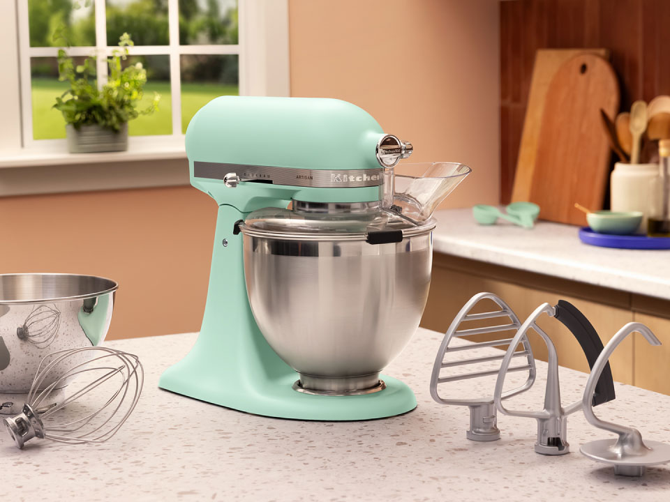 KitchenAid exact KSM195PSSD Spearmint image showing both bowls and the accessory collection.